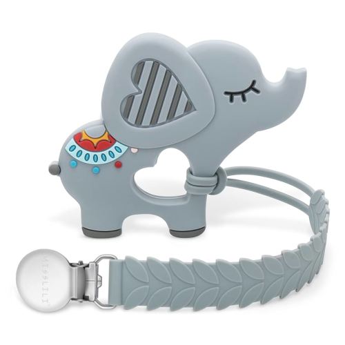 Teething Toys for Babies, Baby Teethers with Clip Silicone Baby Teether Toys for Boys and Girls Infant Teething Relief for Teething Elephant Shape, Gray