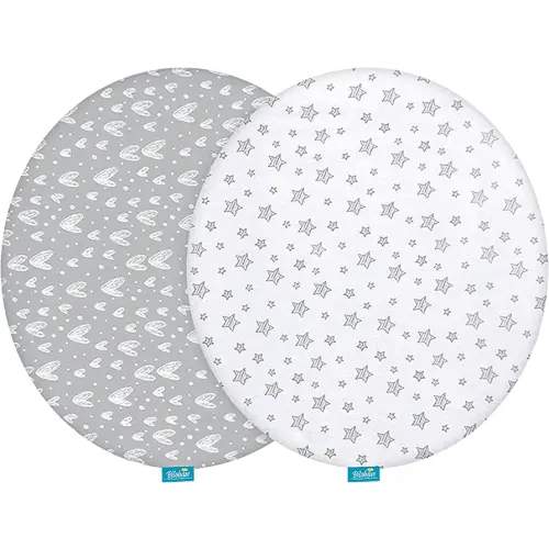 Bassinet Sheets Compatible with Fisher-Price On-The-Go Baby Dome, 2 Pack, 100% Jersey Knit Cotton Fitted Sheets, Breathable and Heavenly Soft, Grey Hearts and White Stars Print for Baby