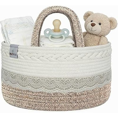 Baby Diaper Caddy Organizer,Woven Rope Nursery Storage Bin,Newborn Gift Basket,Extra-Large Cotton Basket with Removable Compartments,Portable (Mixed Brown, Large)