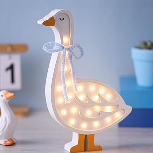 Rustic Silly Goose Night Light Blue Bow Wooden Silly Goose Table Lamp Battery Powered Gooses Night Light for Baby Shower Baby Kids Gift Bedroom Nursery Decor