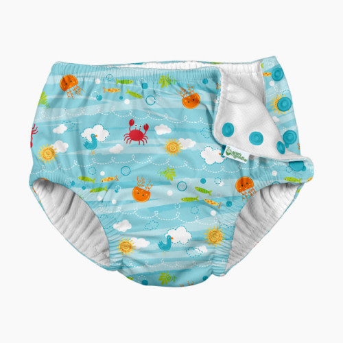 Snap Reusable Absorbent Swimsuit Diaper - Light Aqua Sea Friends- 6-12M