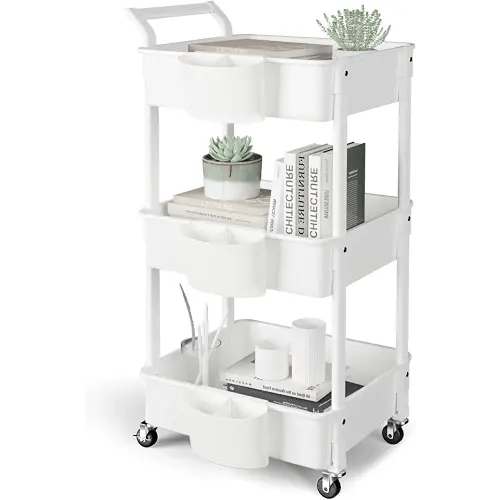 Hamone 3-Tier Utility Rolling Cart,Mobile Utility Cart with Lockable Caster Wheels,Storage Shelves Organizer Cart, 3 Hanging Baskets, Easy Assembly,for Bathroom, Kitchen, Office, Workshop,White