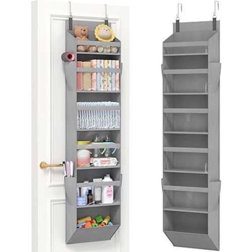 Lifewit 1 Pack Over the Door Organizer, Clear Window Hanging Storage with 4 Side Pockets, Anti Tilt 40 lbs Load Behind Door for Pantry, Nursery, Bathroom, Bedroom, Dorm, 6 Section, Light Gray