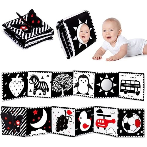 Jouets pour bébé de 0 à 3 mois : Jouets pour bébé noir et blanc de 0 à 6 mois, à contraste élevé, livre en tissu doux pour bébé pour l’heure du repas avec miroir pour bébé, nourrissons de 6 à 12 mois,