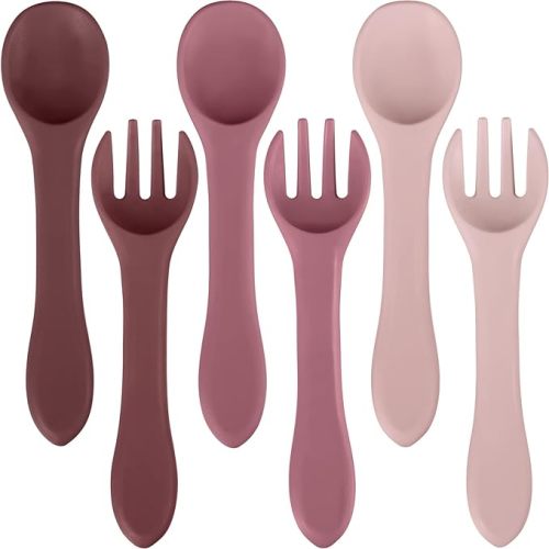 Nuenen 6 Pieces Silicone Baby Feeding Forks and Spoons Set Hot Safety First Stage Self Feeding Supplies Mini Kids Utensils for over 6 Months Babies Boy Girl Toddlers First Foods (Princess Color)