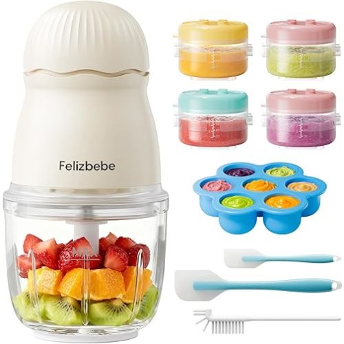 Baby Food Maker, Small Baby Food Processor Set, Fruit, Vegatable, Meat, 10oz Baby Food Maker & Puree Blender with Baby Containers, Food Freezer Tray, Silicone Spoons, Spatula