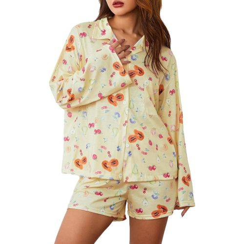 Women 2 Piece Floral Pajama Set Button Down Long Sleeve Wide Leg Fruit Set Cute Pjs Y2K Loungewear Sleepwear S-XL