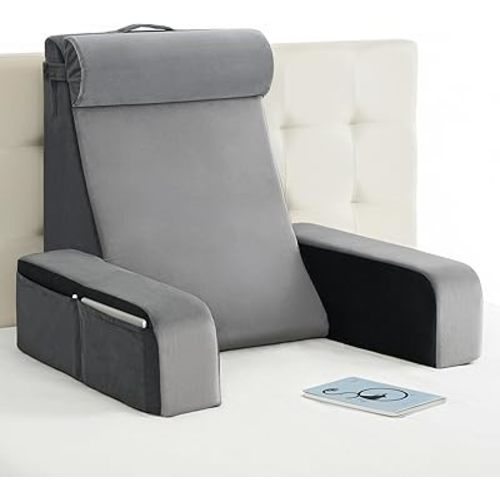 Vekkia 25" Extra-Large Reading Pillow for Tall Adults – 60° Ergonomic Wedge Back Pillow with Built-in Armrests, Adjustable Headrest & Large Pockets – Ideal for Sitting in Bed, Reading, TV, and Gaming