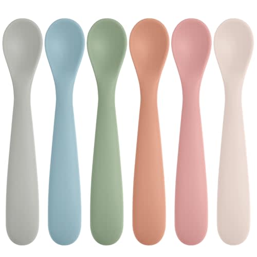 Eascrozn 6 Pack Silicone Baby Spoons, Baby Spoons Self Feeding 6 Months+, BPA Free, Soft Tip Baby Utensils Feeding Spoon, Baby Led Weaning Supplies, Dishwasher and Boil Safe