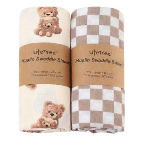 LifeTree Muslin Swaddle Blankets, Baby Swaddling Wrap Nursery Blanket Unisex, Soft 70% Viscose from Bamboo and 30% Cotton, Large 47 x 47 inches, Bear & Checkered Swaddle Blanket