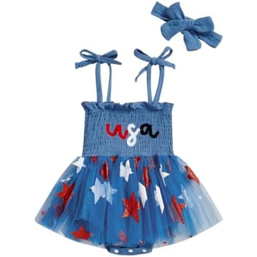 Newborn Baby 4th Of July Outfit Girl Usa Bubble Romper Smocked Dress My First Forth Of July baby girl Outfits