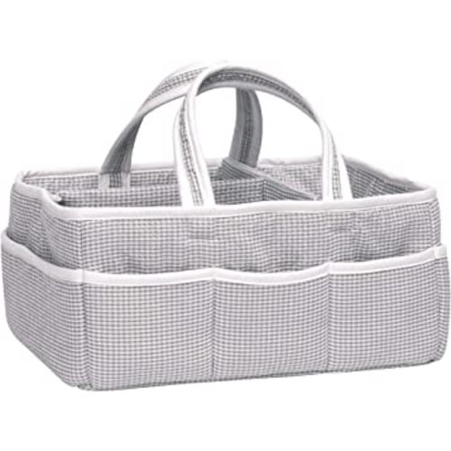 Gingham Seersucker Gray Storage Caddy-Gingham Seersucker Body, Handles and Lining, Solid White Trim, Gray, White, Two Handles, 12 in x 6 in x 8 in