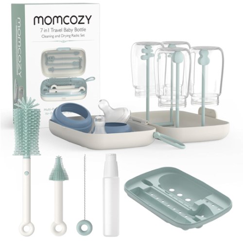 Momcozy Bottle Brush Set - Baby Bottle Cleaner Kit with Silicone Brush, Nipple Brush, Straw Brush, Soap Dispenser, Drying Rack - 7 in 1 Bottle Cleaning Tool for Home and Travel