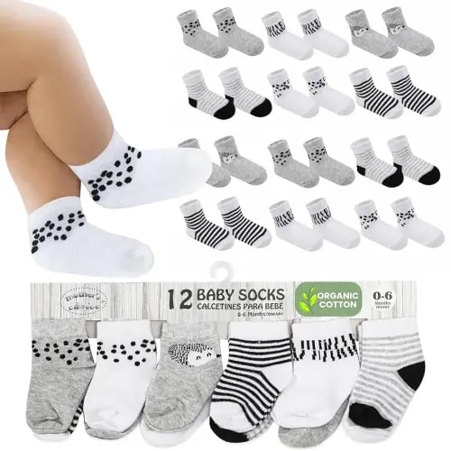 Mother's Choice Organic Cotton Baby Socks, 12 Pairs, Unisex 0-6 Months - Soft, Hypoallergenic Newborn & Infant Socks - Baby Girl & Boy Gifts, (12Pcs, Gray - White)