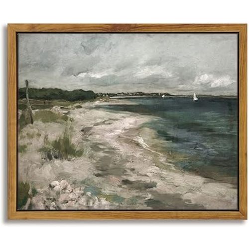 InSimSea Framed Canvas Wall Art Vintage Decor, Room Decor Classical Seaside Landscape Art Wall Decorations, Impressionism Scenic Paintings Wall Art for Bedroom Living Room Bathroom Wall Decor, 8"x10"