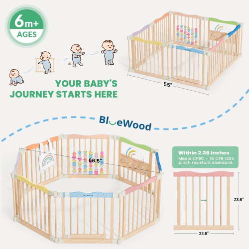 WoodTooy 8-Panel Baby Safety Fence Set - 100% Solid Pine Wood, 23.2"x23.6" Panels, Freestanding Easy Assembly Play Area Enclosure