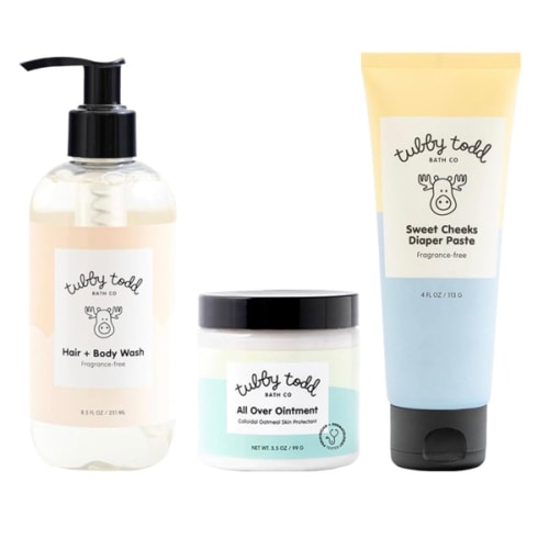 TUBBY TODD Baby Bundle Newborn Skin Care Set - Hypoallergenic Hair + Body Wash, All Over Ointment with Colloidal Oatmeal, Sweet Cheeks Diaper Paste - Fragrance Free, Standard Size