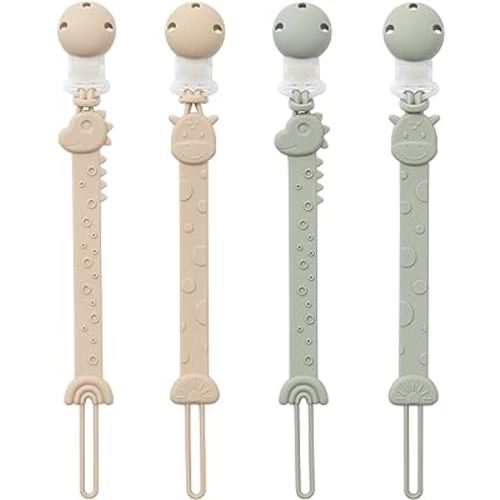 YIVEKO Pacifier Clips for Baby One Piece Silicone Pacifier Holder Clips for Boys Girls Paci Binky Clips 4Pcs Pacifier Clip Animal Design Rainbow-Ivory+Sage