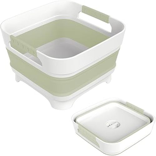 2.4 Gal Collapsbile Wash Basin with Drian Plug,9L Dish Pan for Soaking Baby Bottles,Portable Sink, Multiuse Foldable Bucket,Ice Beverage Tubs for Camping, Vegetable Washing, RV (Green)
