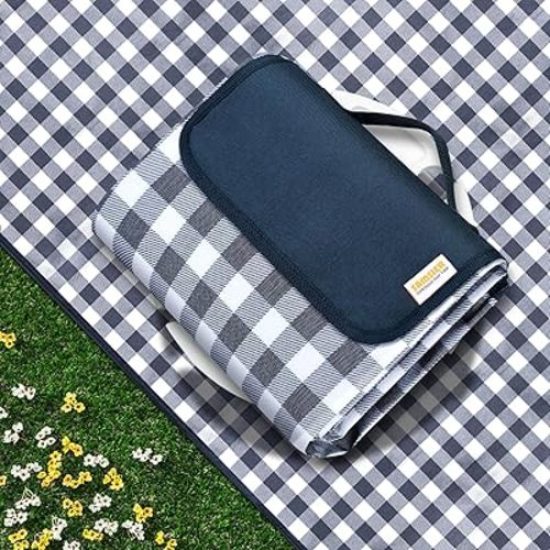 Outdoor Picnic Blankets Waterproof Foldable, Large Beach Blanket Sandproof, Gingham Picnic Mat Cute Washable Portable (Navy Blue, 60"×80")