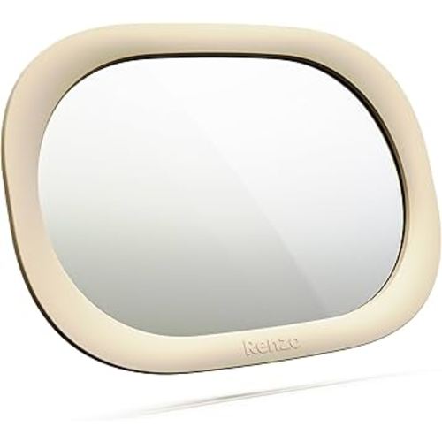 Renzo Baby Car Mirror - Rear Facing Car Seat Mirror for Infants - Extra Large, Shatter-Resistant, 360° Adjustable, Tool-Free Installation - Fits Most Cars, SUVs & Trucks (Almond Cream)