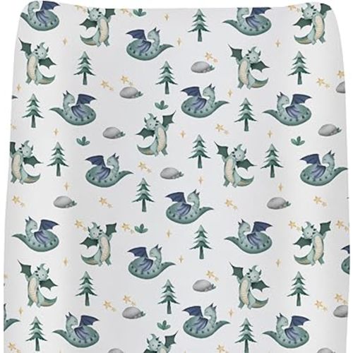 Fairytale Dragon Trees Stars Baby Changing Pad Covers for Boys Girls Cute Dragons Green Fitted Changing Table Cover Mats Fantasy Animal Soft Diaper Change Table Sheets 32''×16''
