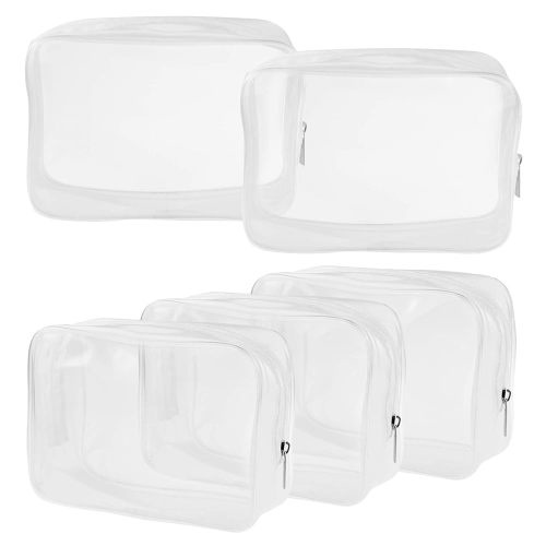 5 Packs Clear Cosmetics Bag TSA Approved, Wobe PVC Zippered Toiletry Carry Pouch Portable Makeup Bag for Vacation Travel, Bathroom and Organizing Waterproof Makeup Vinyl Case (Medium, White)