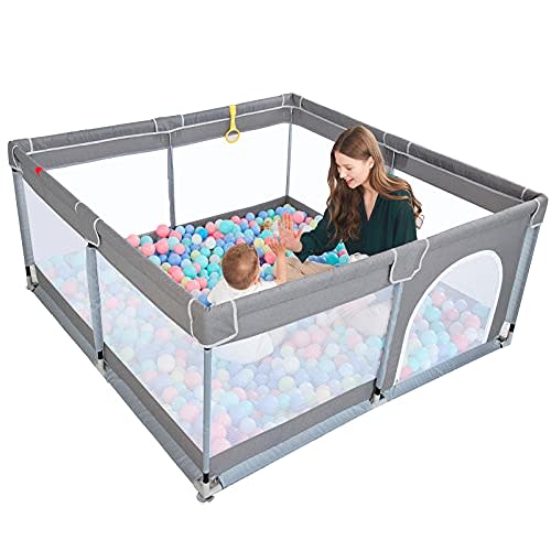 Todale 50”×50” Baby Playpen - Safe Baby Gate, Toddler, Infant & Baby Crib, Play Pen - Portable Floor Playpen for Babies and Toddlers, Anti-Slip Base & Breathable Mesh, Enclosed Baby Play Yard, Gray