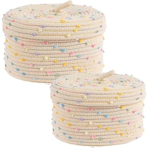 2 Pcs Round Baskets with Lid, Decorative Lidded Baskets, Cotton Rope Basket, Colorful Pompom and Beige Woven Boxes for Snack, Towel, Yarn, Nursery (Colorful)