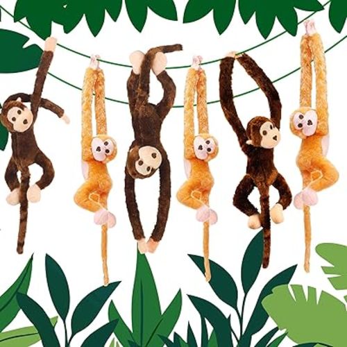 Hungdao 6 Packs Hanging Monkey Stuffed Jungle Animal Toy Gifts with Hook and Loop Jungle Party Hanging Plush Monkey for Classroom Birthday Party Decorations(Dark Brown and Yellow,24 Inch)