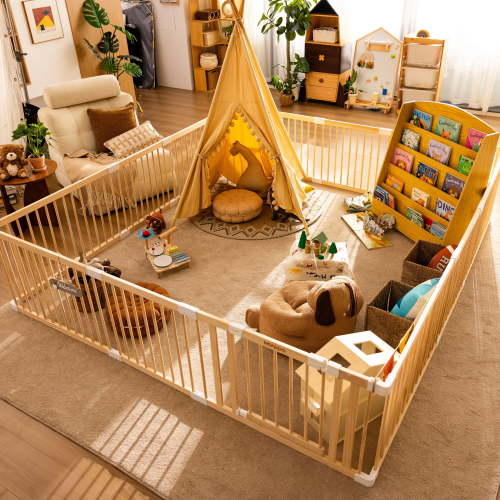 HARPPA Wooden Baby Playpen with Gate, Adjustable Panel Play Yard Fence for Toddlers, 79.5" x 71.5" x 24"