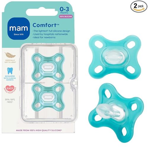 MAM Comfort Baby Pacifiers 0-3 Months Newborns, Lightweight One-Piece Full Silicone Binky, BPA-Free Nipple, Easy to Clean Pacifier, Best for Breastfed Babies, 2 Count, Sterilizer Case, Made in Europe