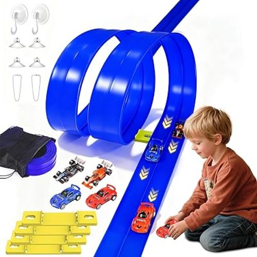 Flexible Race Track Toys for Kids: 20 Ft Flex Race Car Ramp Track with Suction Cups - Rolls Up Portable DIY Racetrack with 4 Racing Cars- Birthday Gifts for Boys Girls Ages 3+