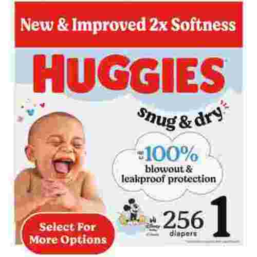 Huggies Snug & Dry Baby Diapers, Size 1 (8-14 lbs), 256 Ct (Select for More)
