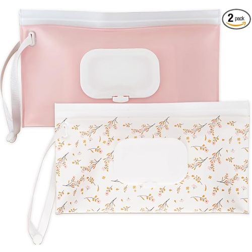 Wipe Dispenser and Wipes Container, 2 Pack Reusable Wipes Holder and Travel Wipes Case, Refillable Pouch for Baby Essentials, Pink & Leaf Design (pink)