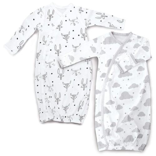 Cambria Baby 100% Organic Kimono Gowns. Side Snaps with Built in Mitts. (0-6 Months, White and Grey Clouds and Animals Patterns)
