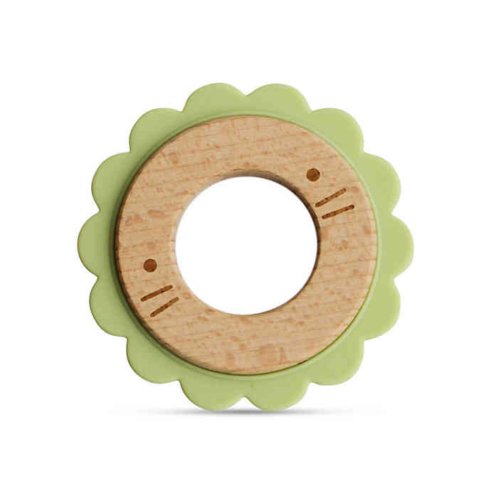 Silicone and Wood Critter Teething Ring - Green, Lion