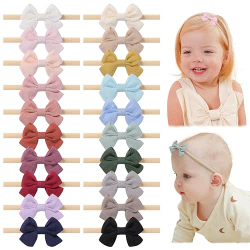 jollybows 20pcs Baby Girl Bow Headbands Newborn Nylon Hairband 2" Neutral Linen Infant Hair Bows