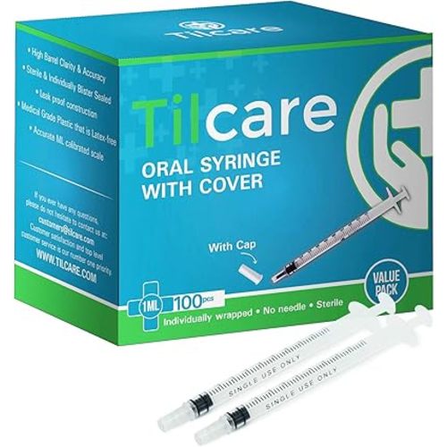 1ml Oral Dispenser Syringe with Cover 100 Pack by Tilcare - Sterile Plastic Medicine Droppers for Children, Pets & Adults – Latex-Free Medication Syringe Without Needle - Syringes for Glue and Epoxy