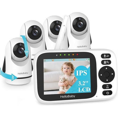 HelloBaby 3.2'' Baby Monitor 4 Cameras, Video Audio Baby Monitor No WiFi, Remote Pan-Tilt-Zoom, ECO, Night Vision, 2-Way Talk, 1000ft Range, 8 Lullabies and Temperature, for Parents and Babies