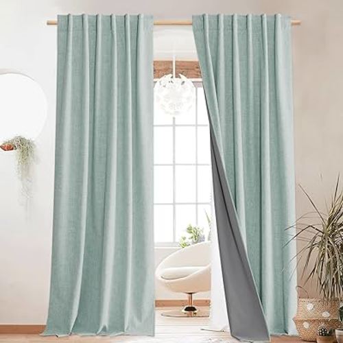 NICETOWN Seafoam Green Blackout Linen Curtains 95" Long, Rod Pocket Back Tab Full Light Blocking Drapes with White Thermal Insulated Liner for Nursery, Hall, Villa (2 Pieces, 52" Wide Each Panel)