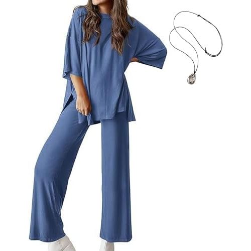 2025 New Periodicali Casual 2-Piece Loose-Fit Short Sleeve Top & Wide-Leg Pants Set with Pockets, Lounge Set