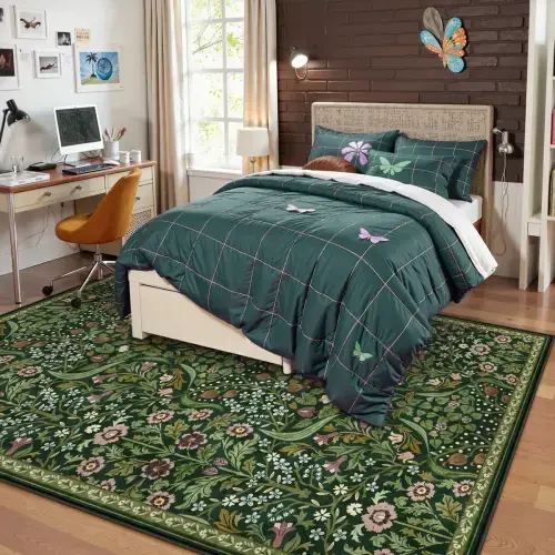 Claude Washable Maximalism Vibrant Blossom Floral Dark Green Rug