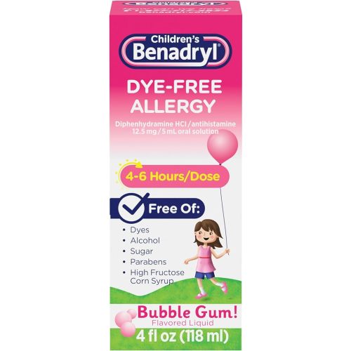 Benadryl Children's Dye-Free Allergy Liquid Medication with Diphenhydramine HCl, Antihistamine Allergy Relief Medication for Kids, Alcohol-Free, Bubble Gum Flavor, 4 fl. oz