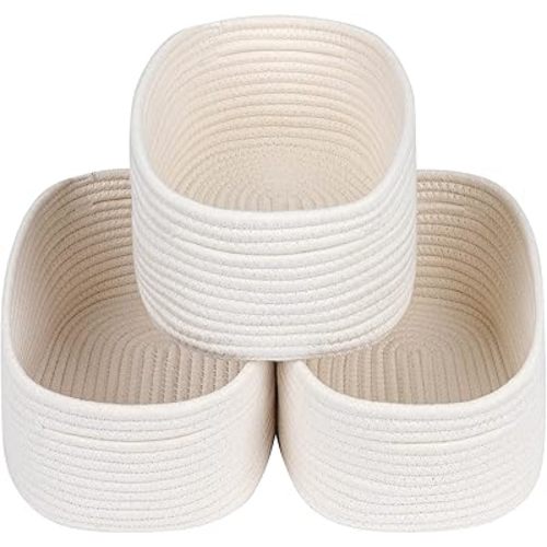 CubesLand Off White Small Storage Baskets for Shelves, Closet Organization Storage Bins Empty Gift Basket Baby Nursery Woven Baskets for Organizing, Rectangular Clothes Closet Shelves Baskets 3 Packs