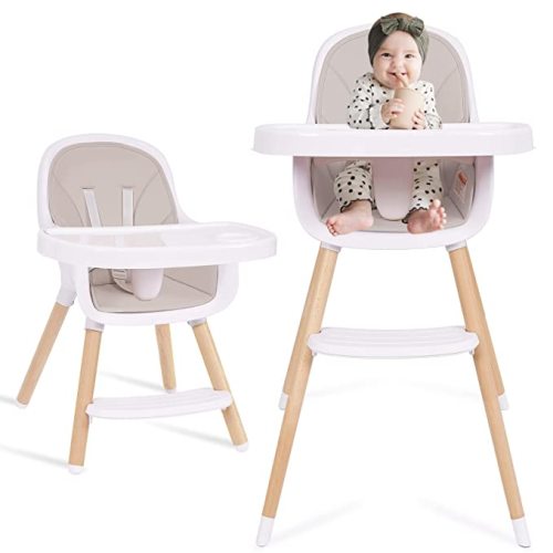 Baby High Chair, 3-in-1 Convertible Wooden High Chair with Adjustable Legs & Double Dishwasher Safe Tray, High Chairs for Babies and Toddlers, Made of Sleek Hardwood & Premium Leatherette - Round Legs - Taupe