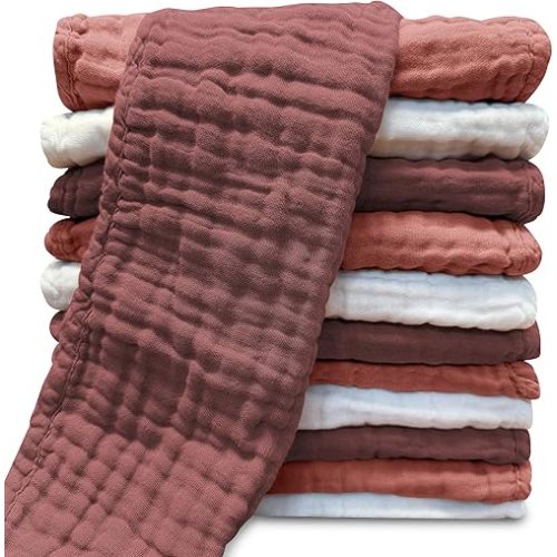 Muslin Burp Cloths for Baby 100% Cotton Burping Cloths for Unisex, Boy, Girl - Large 20'' by 10'' Newborn Essentials Ultra Soft Absorbent Milk Spit Up Rags - 12 Pack - White+Deep Bean Paste Series