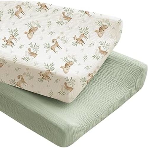 Konssy 2 Pack Muslin Changing Pad Covers for Boys, Ultra Soft & Breathable Cotton Baby Diaper Changing Table Covers, Neutral Nursery Diaper Changing Pad Sheets (Woodland,Sage)