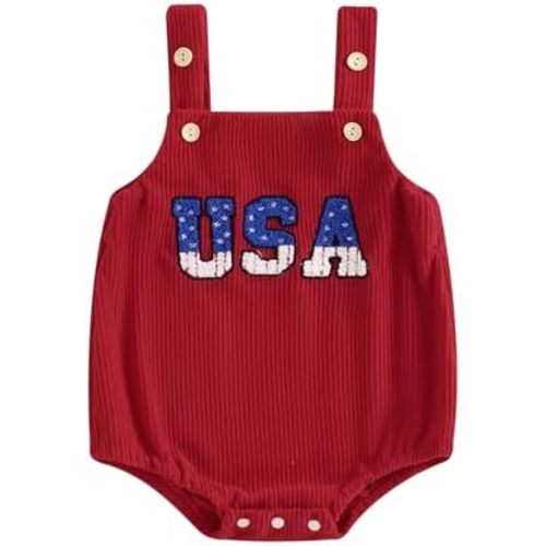 Lesimsam 4th of July Baby Girl Outfit Newborn Infant Strap Sleeveless USA Embroidery Overall Romper Jumpsuit One-Piece Outfit
