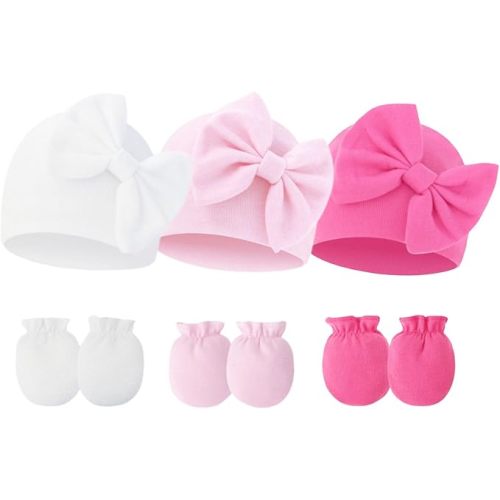 Newborn Baby Hats Mittens Sets Bow Infant Caps Gloves No Scratch Mitten Beanie Set for 0-6 Months Girls